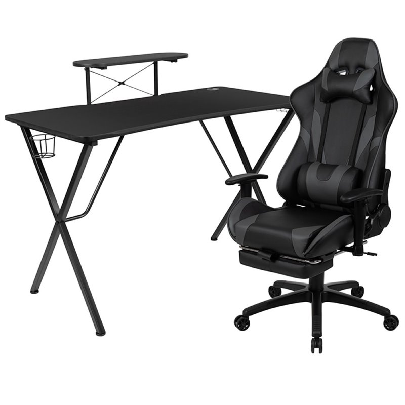 Flash Furniture Gaming Desk and Racing Reclining Chair Set in Black and Gray