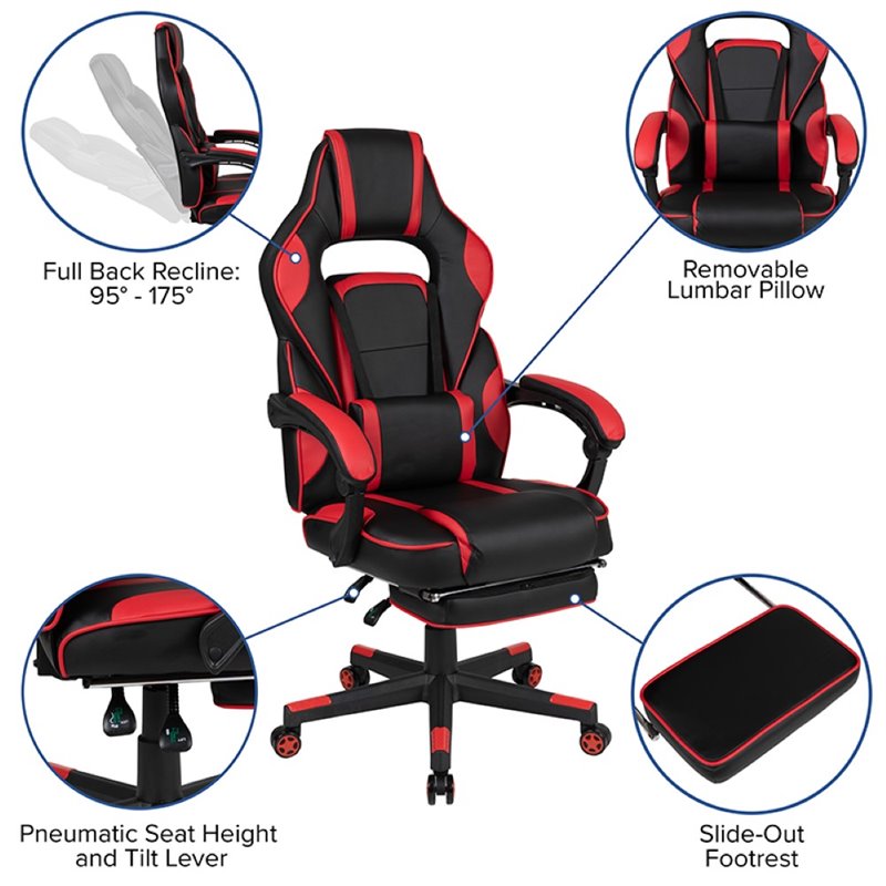 Flash Furniture X40 Leather Racing Reclining Gaming Chair in Black and Red