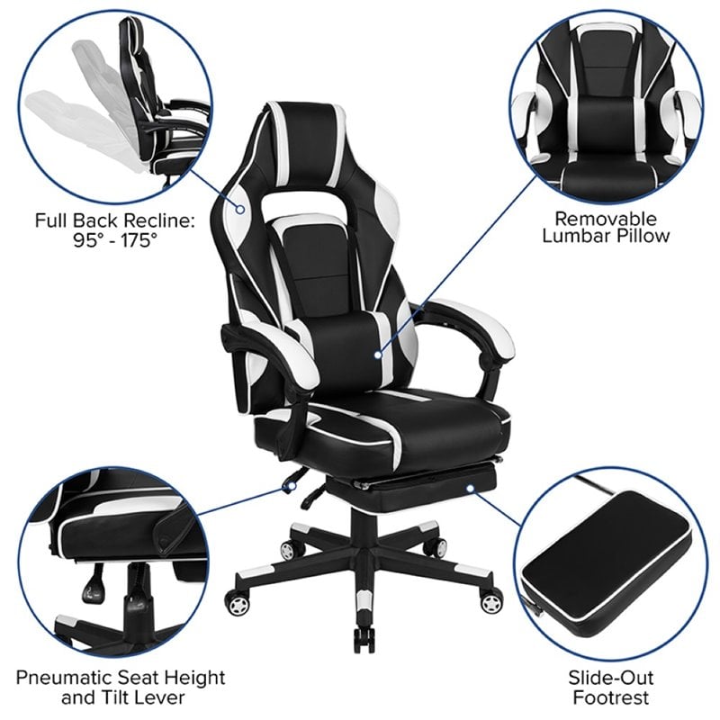Flash Furniture X40 Leather Racing Reclining Gaming Chair in Black and White