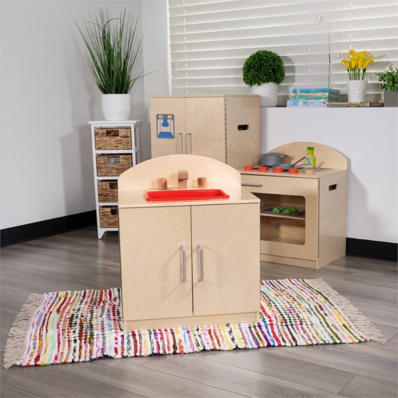 Flash Furniture Classic Wooden Play Kitchen Sink Cabinet in Natural