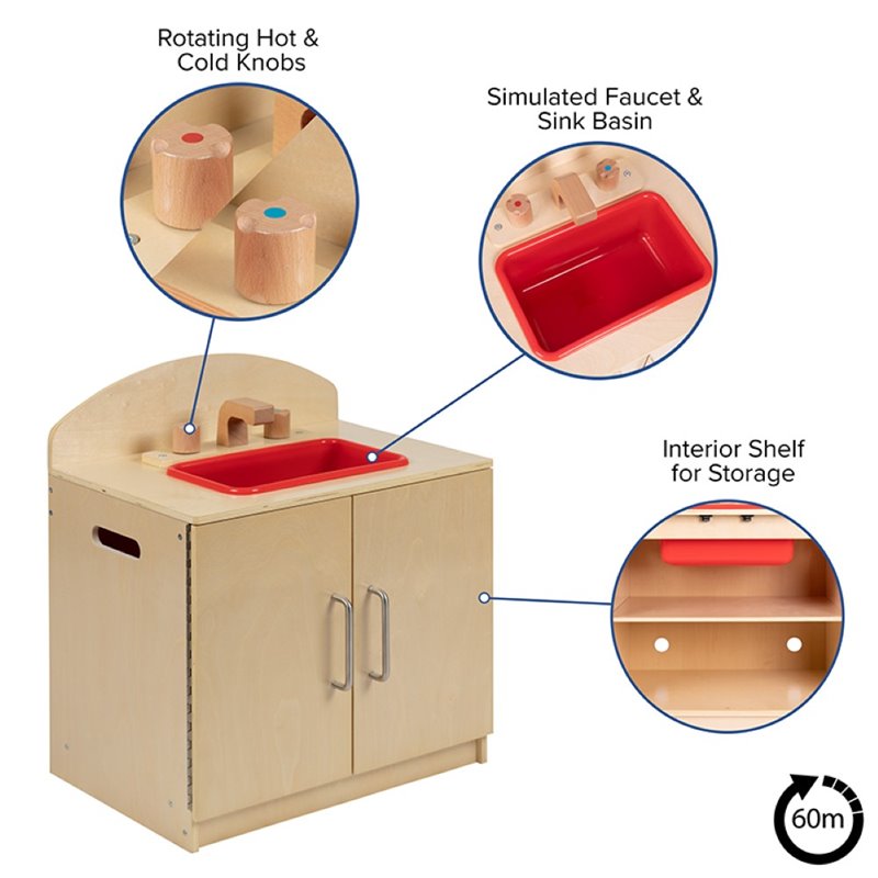 Flash Furniture Classic Wooden Play Kitchen Sink Cabinet in Natural