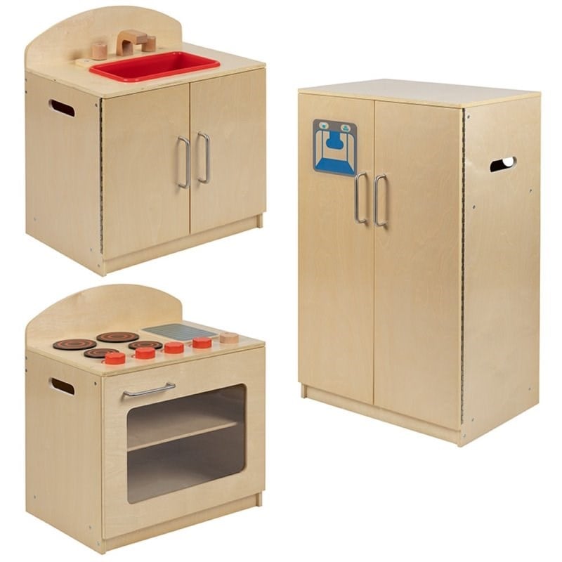Flash Furniture 3 Piece Classic Wooden Play Kitchen Set in Natural