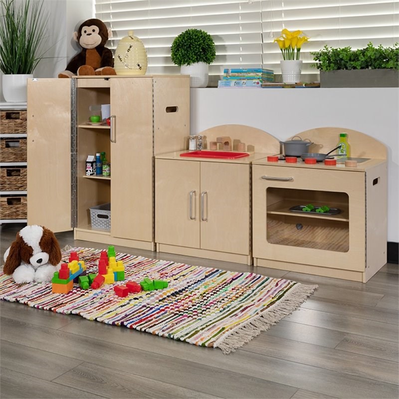 Flash Furniture 3 Piece Classic Wooden Play Kitchen Set in Natural
