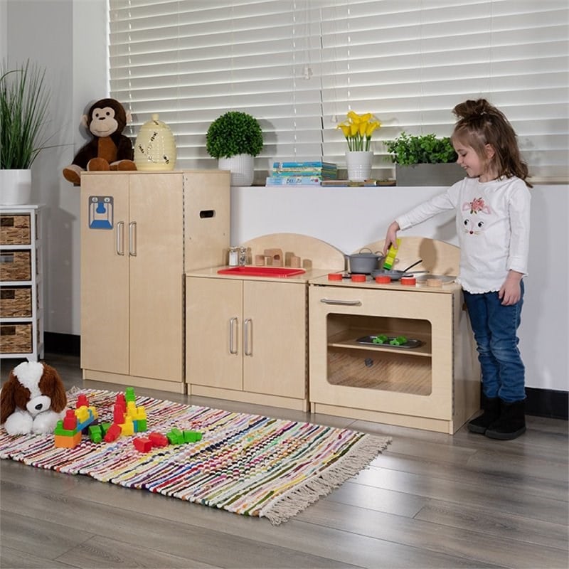 Flash Furniture 3 Piece Classic Wooden Play Kitchen Set in Natural