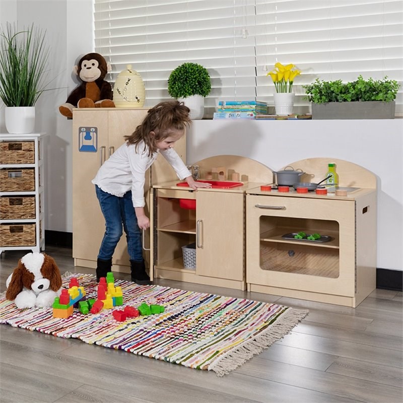 Flash Furniture 3 Piece Classic Wooden Play Kitchen Set in Natural