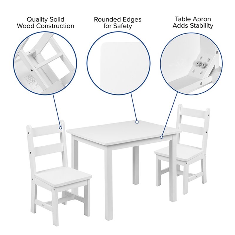 Flash Furniture 3 Piece Solid Hardwood Kids Table and Chair Set in White