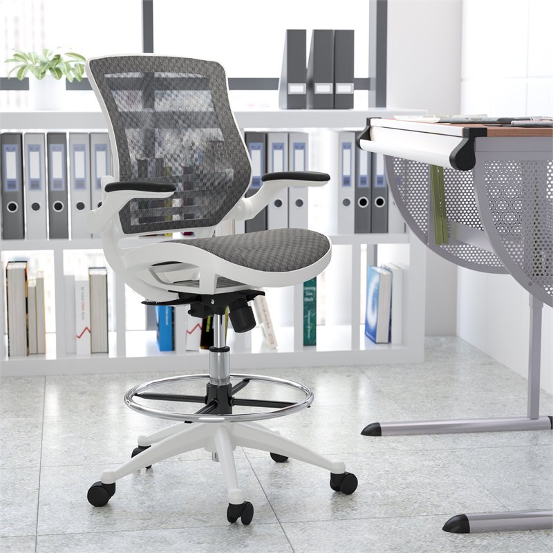 Flash Furniture Mesh Drafting Chair in Gray and White