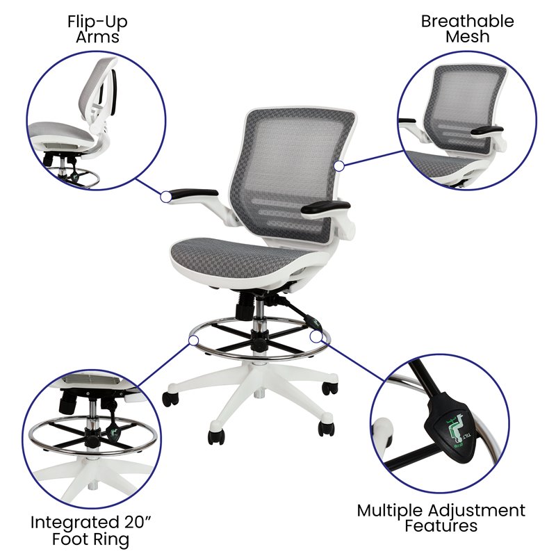 Flash Furniture Mesh Drafting Chair in Gray and White