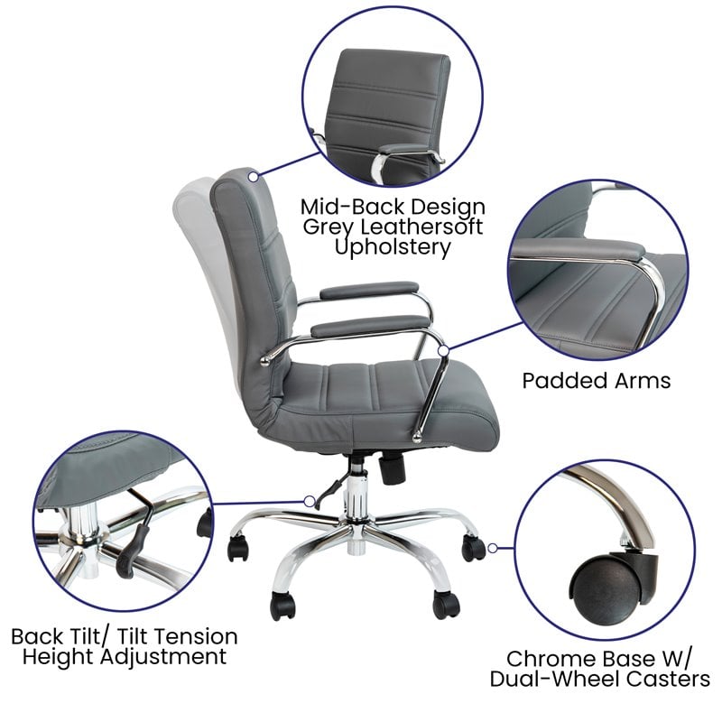 Flash Furniture Leather Mid-Back Office Swivel Chair in Gray