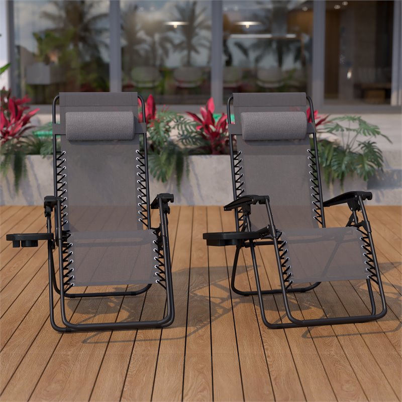 Flash Furniture Metal Lounge Chair with Cup Holder Tray in Gray (Set of 2)