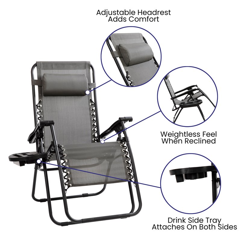 Flash Furniture Metal Lounge Chair with Cup Holder Tray in Gray (Set of 2)