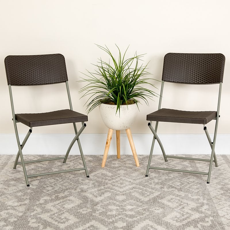 Flash Furniture Hercules Rattan Plastic Folding Chair in Brown/Gray (Set of 2)