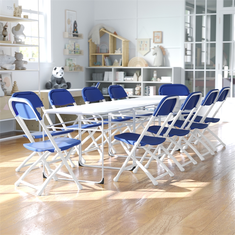 Flash Furniture Plastic and Metal Kid Folding Chair in Blue/White (Set of 2)