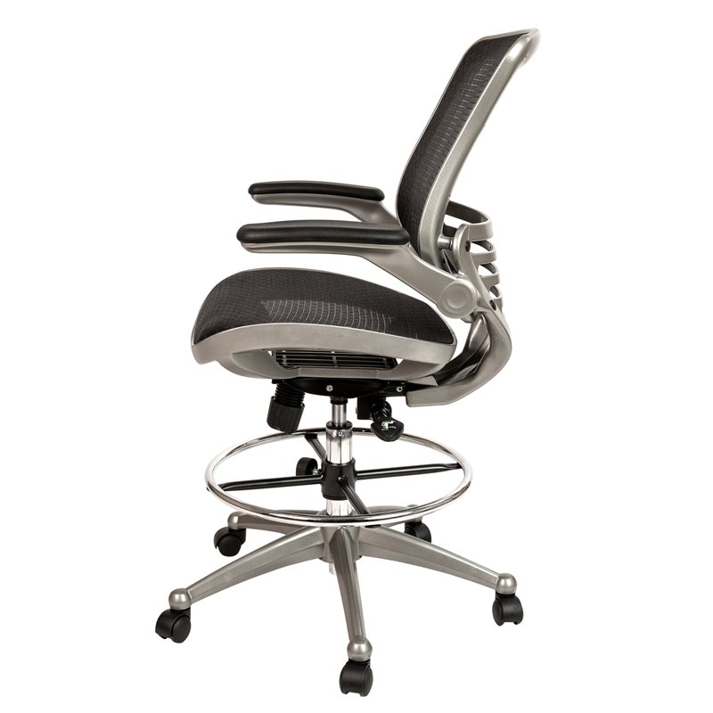 Flash Furniture Metal Drafting Chair with Flip-Up Arms in Black/Graphite Silver