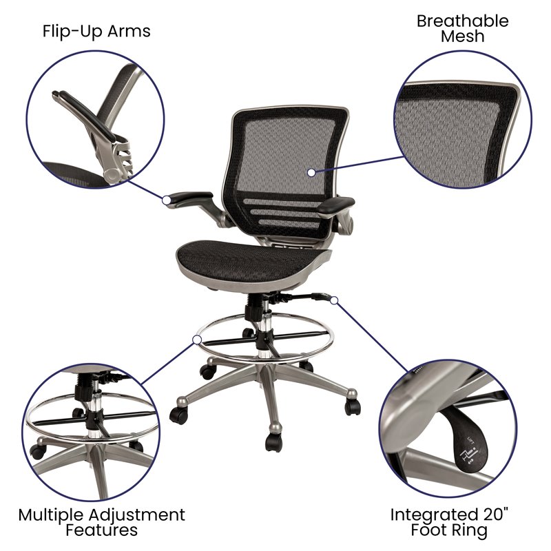 Flash Furniture Metal Drafting Chair with Flip-Up Arms in Black/Graphite Silver