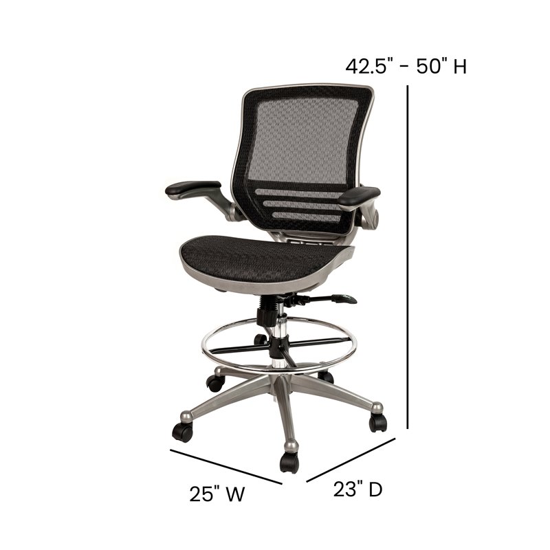 Flash Furniture Metal Drafting Chair with Flip-Up Arms in Black/Graphite Silver