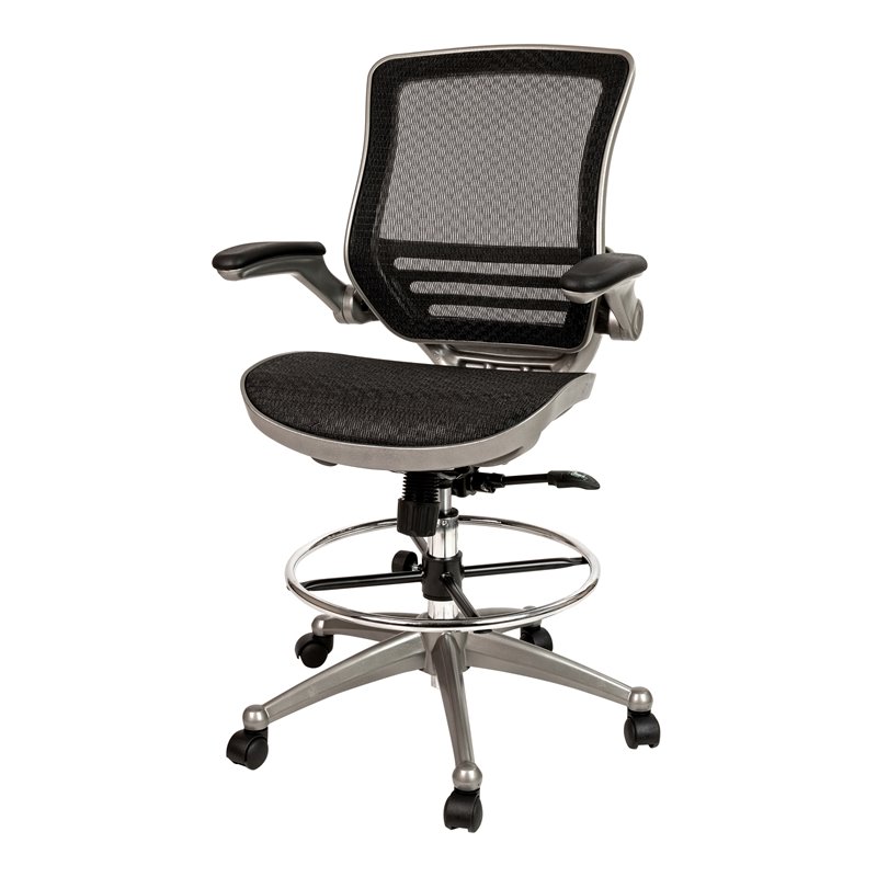 Flash Furniture Metal Drafting Chair with Flip-Up Arms in Black/Graphite Silver