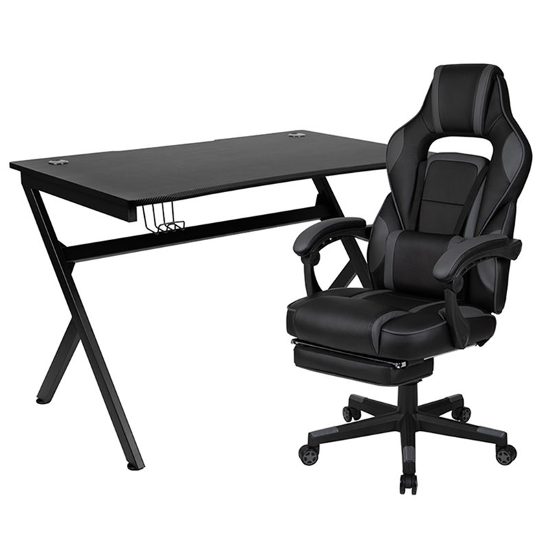 Flash Furniture Metal Gaming Desk Set with Reclining and Footrest in Black