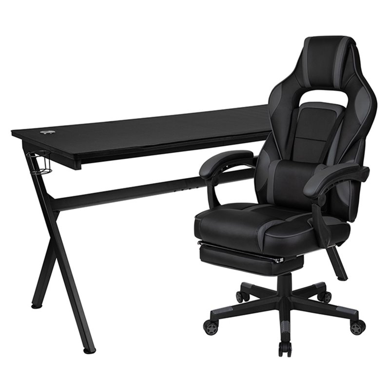 Flash Furniture Metal and Faux Leather Gaming Desk Bundle with Chair in Black