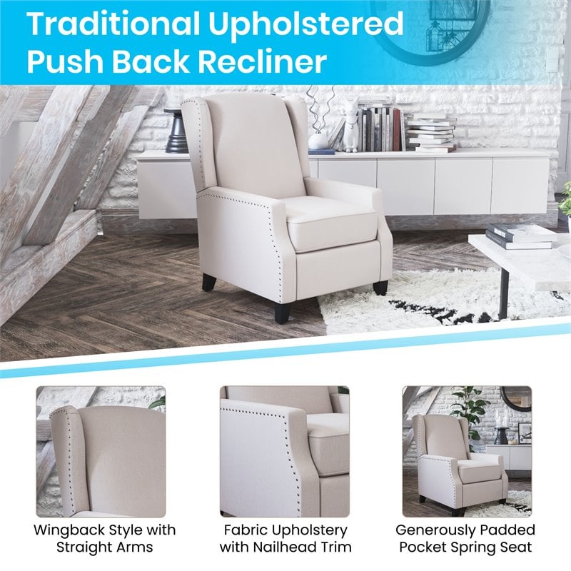Flash Furniture Prescott Wing Back Fabric Pocket Spring Recliner in Cream
