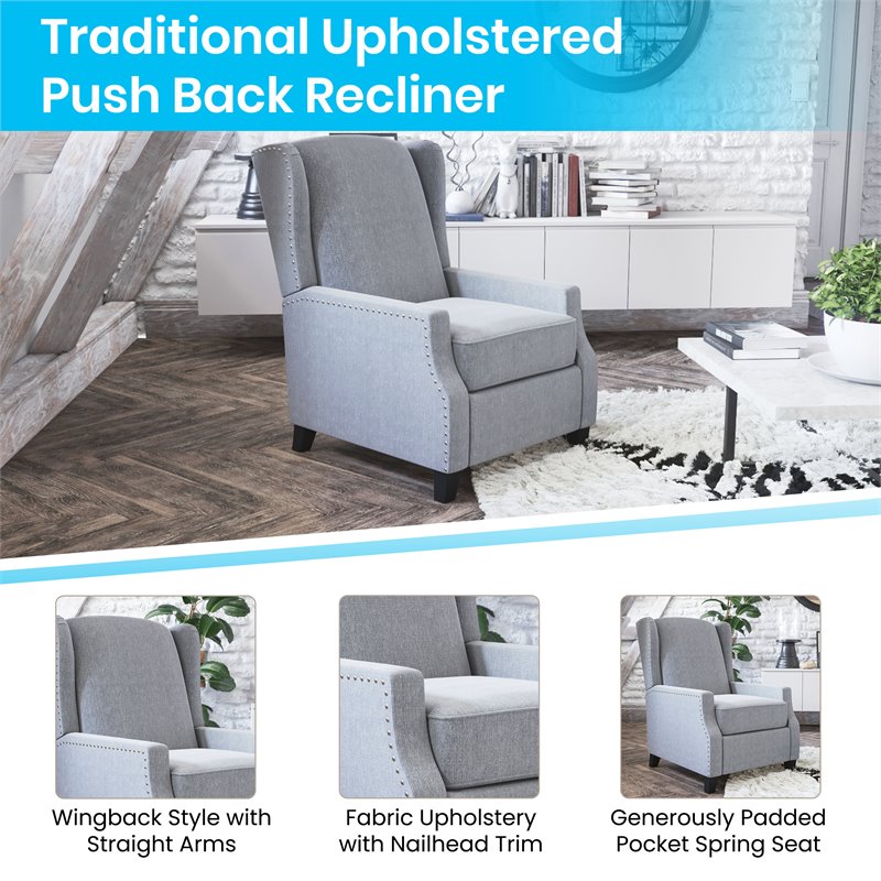 Flash Furniture Prescott Wing Back Fabric Pocket Spring Recliner in Gray