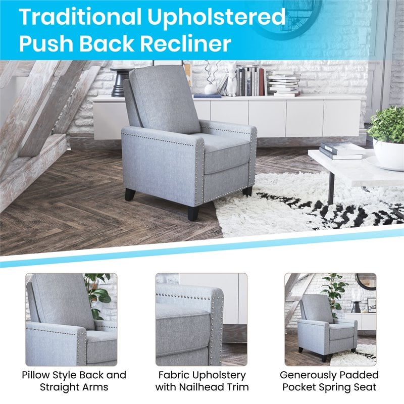 Flash Furniture Carson Fabric Push Back Recliner with Nail Trim in Light Gray