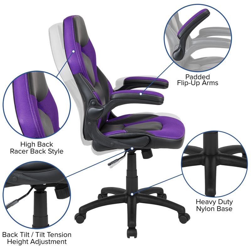 Flash Furniture X10 Plastic Gaming Chair with Flip-Up Arms in Purple/Black
