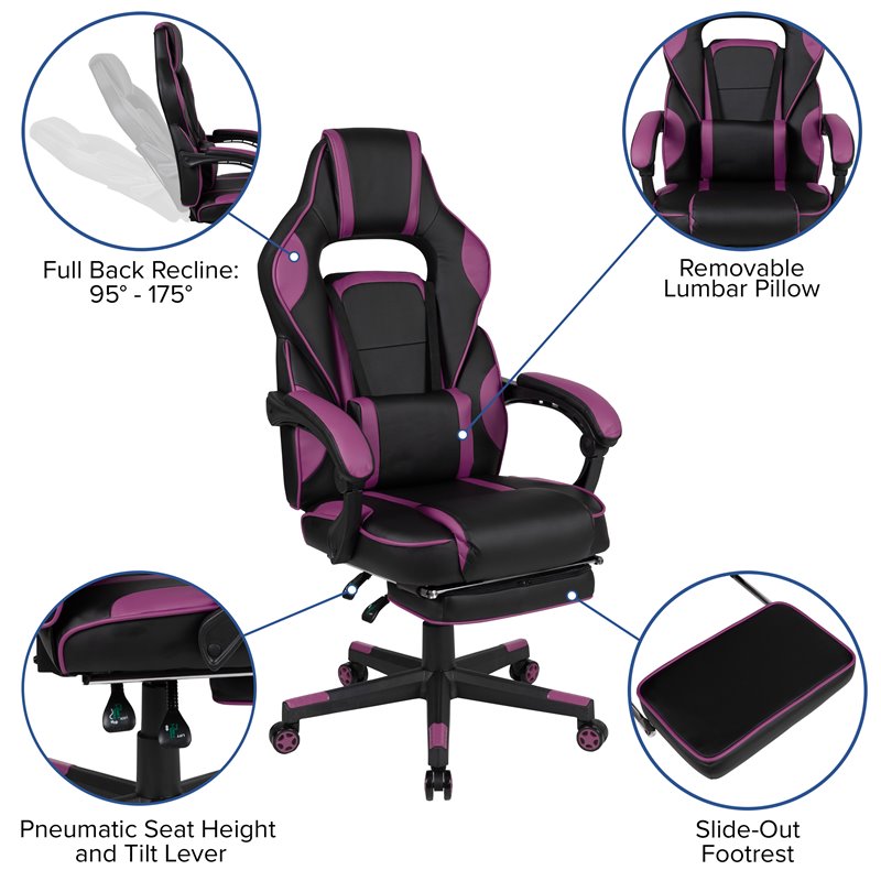 Flash Furniture X40 LeatherSoft Gaming Chair w/ Recline Back/Arm in Black/Purple