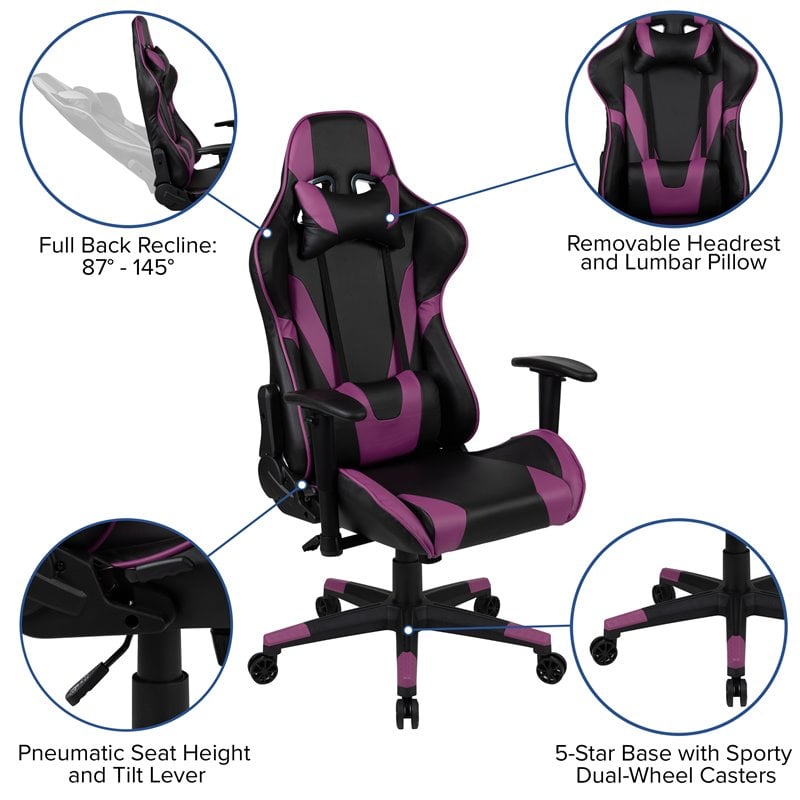 Flash Furniture X20 LeatherSoft Racing Gaming Ergonomic Chair in Purple