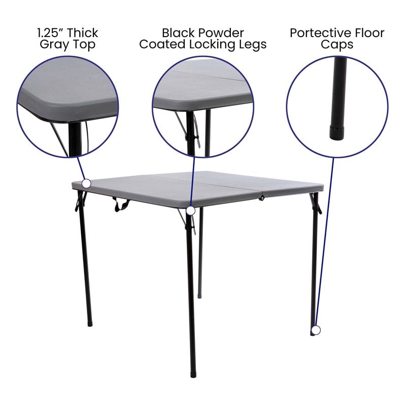 Flash Furniture Square Bi-Fold Metal Folding Table with Carrying Handle in Gray