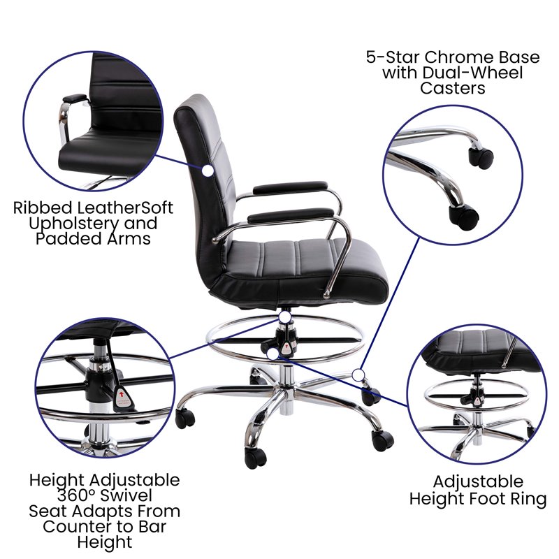 Flash Furniture Mid-Back Adjustable Foot Ring Metal Drafting Chair in Black