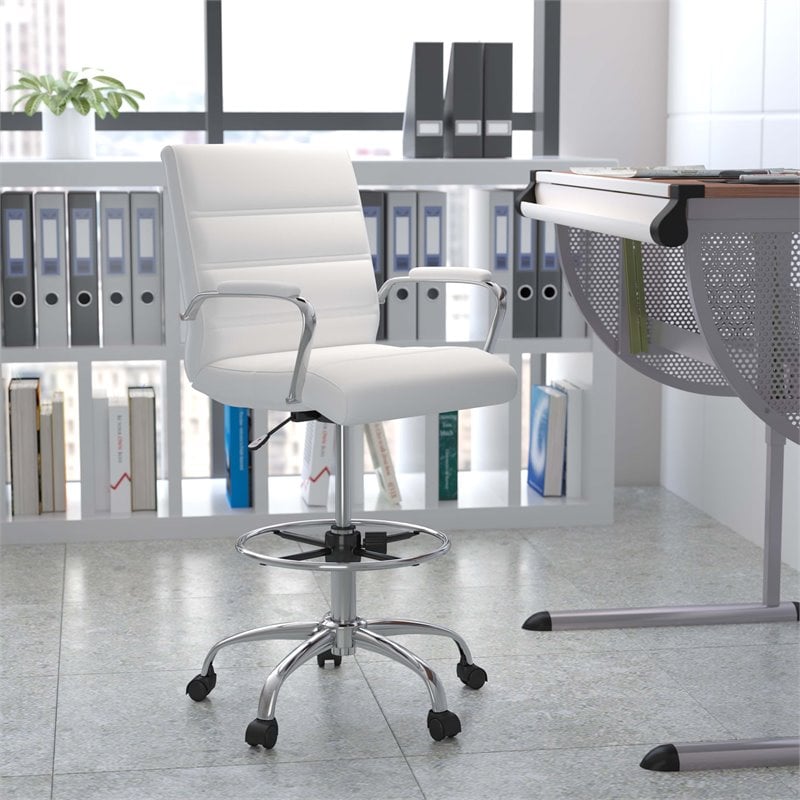 Flash Furniture Mid-Back Adjustable Foot Ring Metal Drafting Chair in White