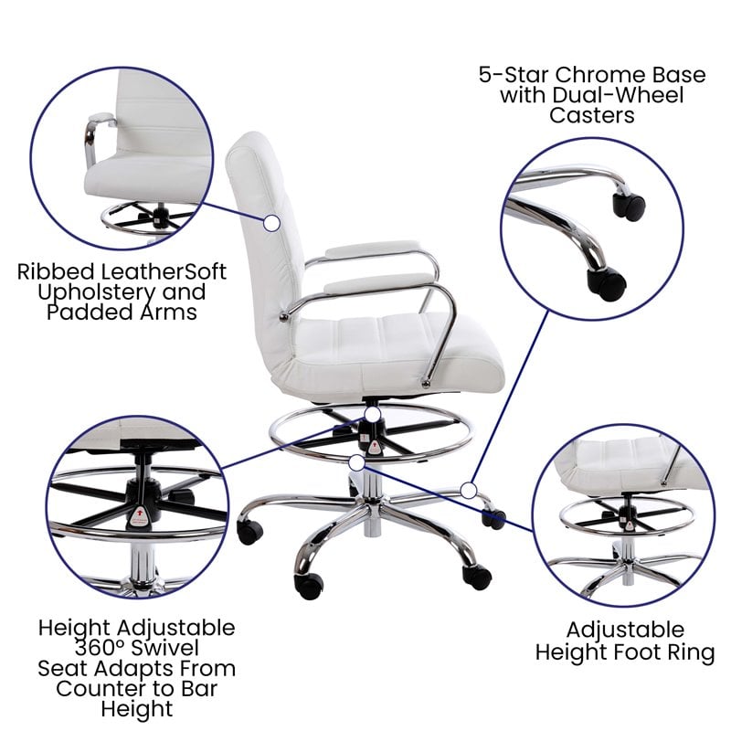 Flash Furniture Mid-Back Adjustable Foot Ring Metal Drafting Chair in White