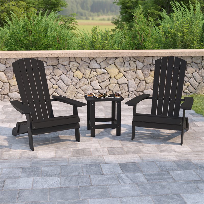 Flash Furniture Charlestown Resin 2 Adirondack Chairs & Side Table Set in Black