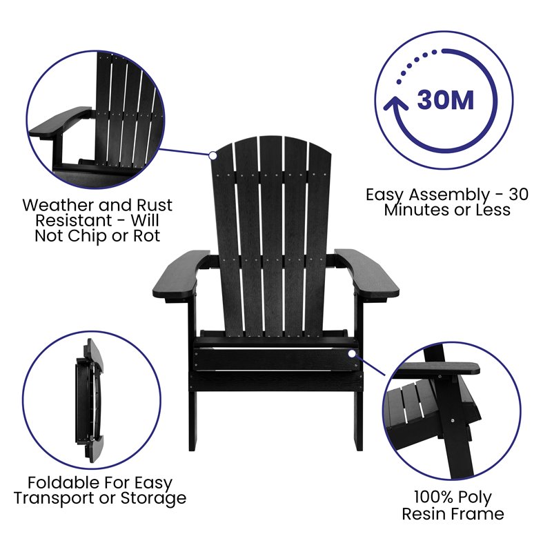 Flash Furniture Charlestown Resin 2 Adirondack Chairs & Side Table Set in Black