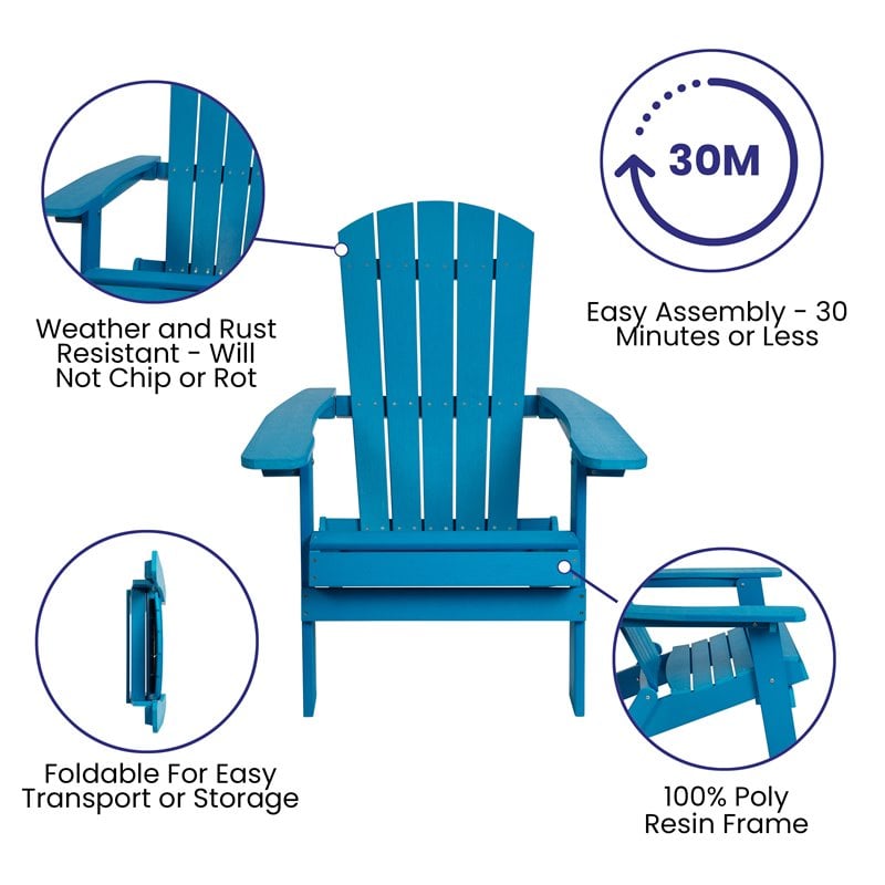 Flash Furniture Charlestown Resin 2 Adirondack Chairs & Side Table Set in Blue