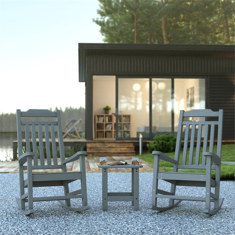 Flash Furniture Winston Resin Set 2 Rocking Chairs and Side Table in Gray