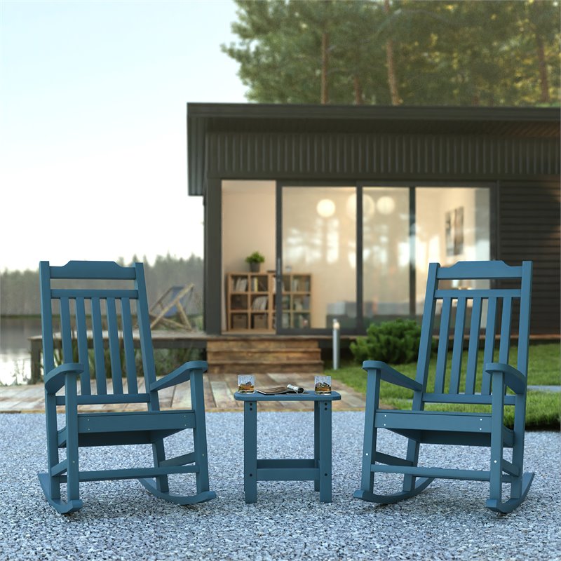 Flash Furniture Winston Resin Set 2 Rocking Chairs and Side Table in Blue