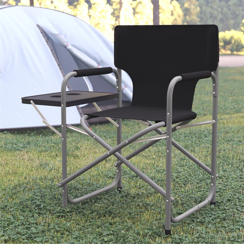 Flash Furniture Foldable Metal Camping Chair & Cupholder Side Table in Black