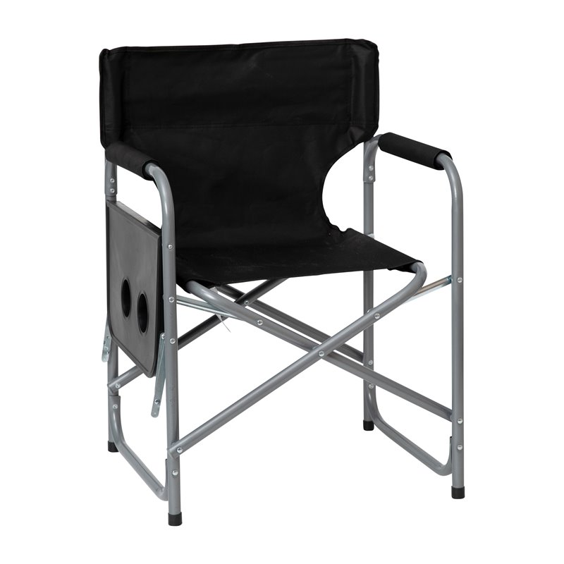 Flash Furniture Foldable Metal Camping Chair & Cupholder Side Table in Black