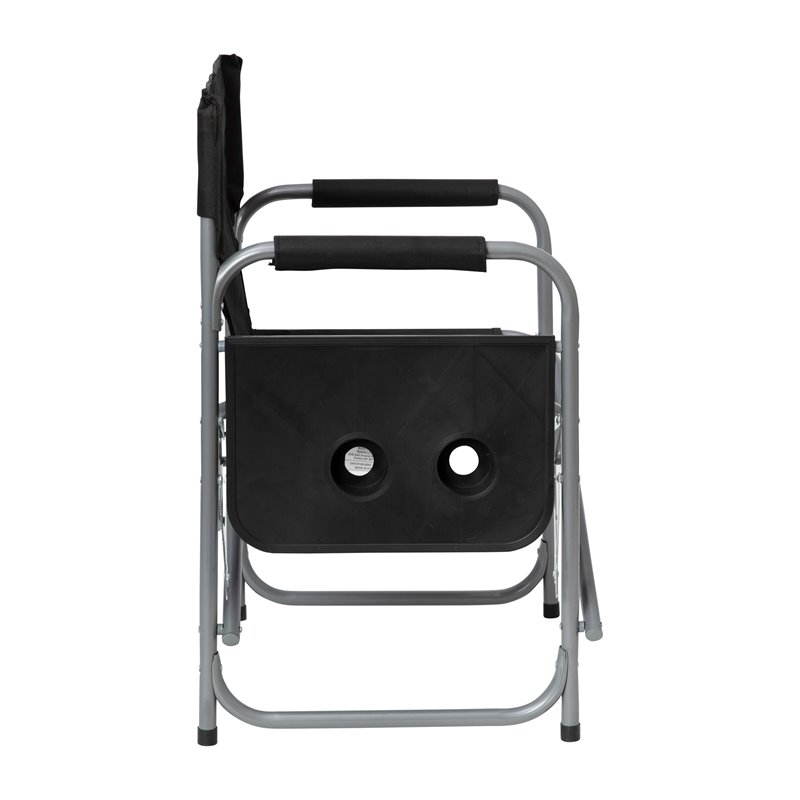 Flash Furniture Foldable Metal Camping Chair & Cupholder Side Table in Black