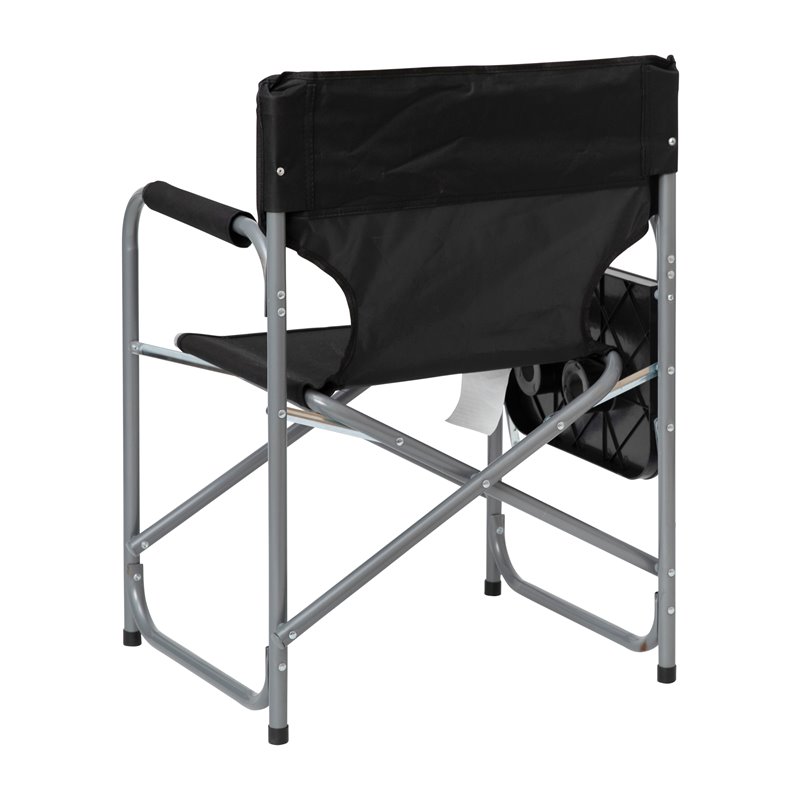 Flash Furniture Foldable Metal Camping Chair & Cupholder Side Table in Black