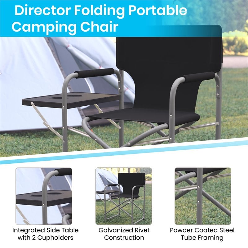Flash Furniture Foldable Metal Camping Chair & Cupholder Side Table in Black