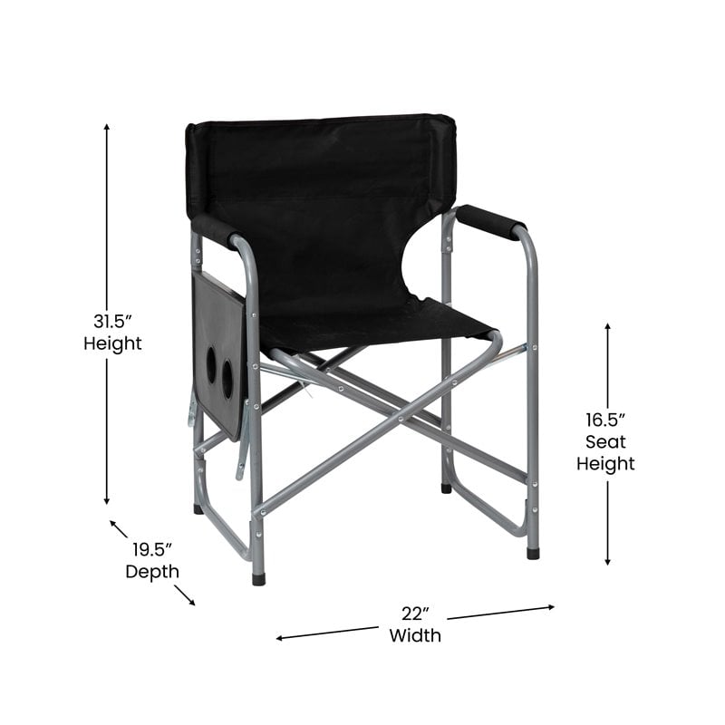 Flash Furniture Foldable Metal Camping Chair & Cupholder Side Table in Black