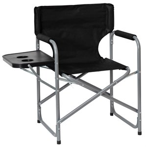 Flash Furniture Foldable Metal Camping Chair & Cupholder Side Table in Black