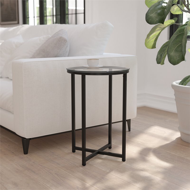 Flash Furniture Greenwich Metal and Glass End Table in Matte Black/Clear