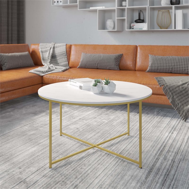 Flash Furniture Hampstead Metal & Laminate Coffee Table in White Marble/Gold