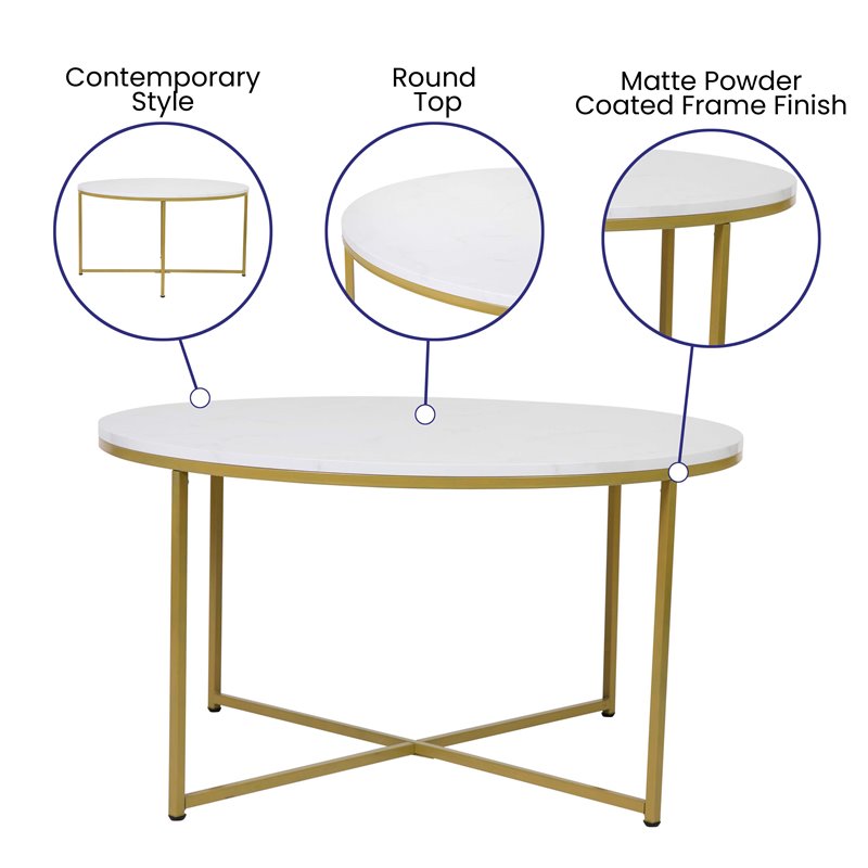 Flash Furniture Hampstead Metal & Laminate Coffee Table in White Marble/Gold