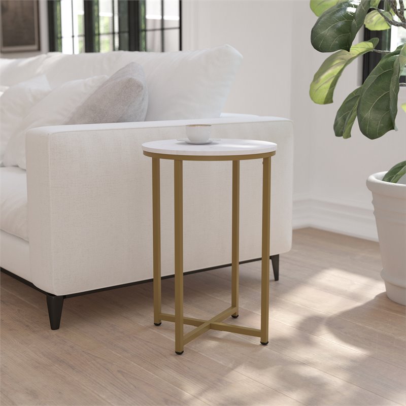 Flash Furniture Hampstead Metal End Table with Crisscross Frame in White/Gold