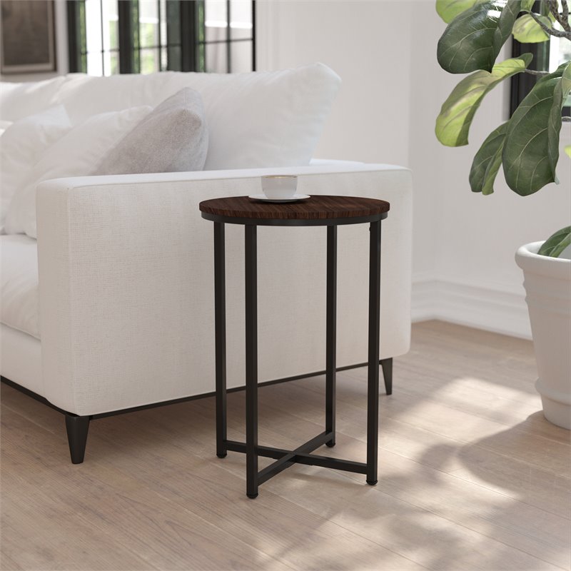 Flash Furniture Hampstead Metal End Table with Crisscross Frame in Walnut/Black